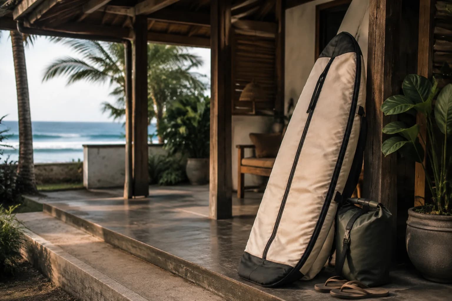 A packed surfboard bag beside an Indonesian coastal guesthouse