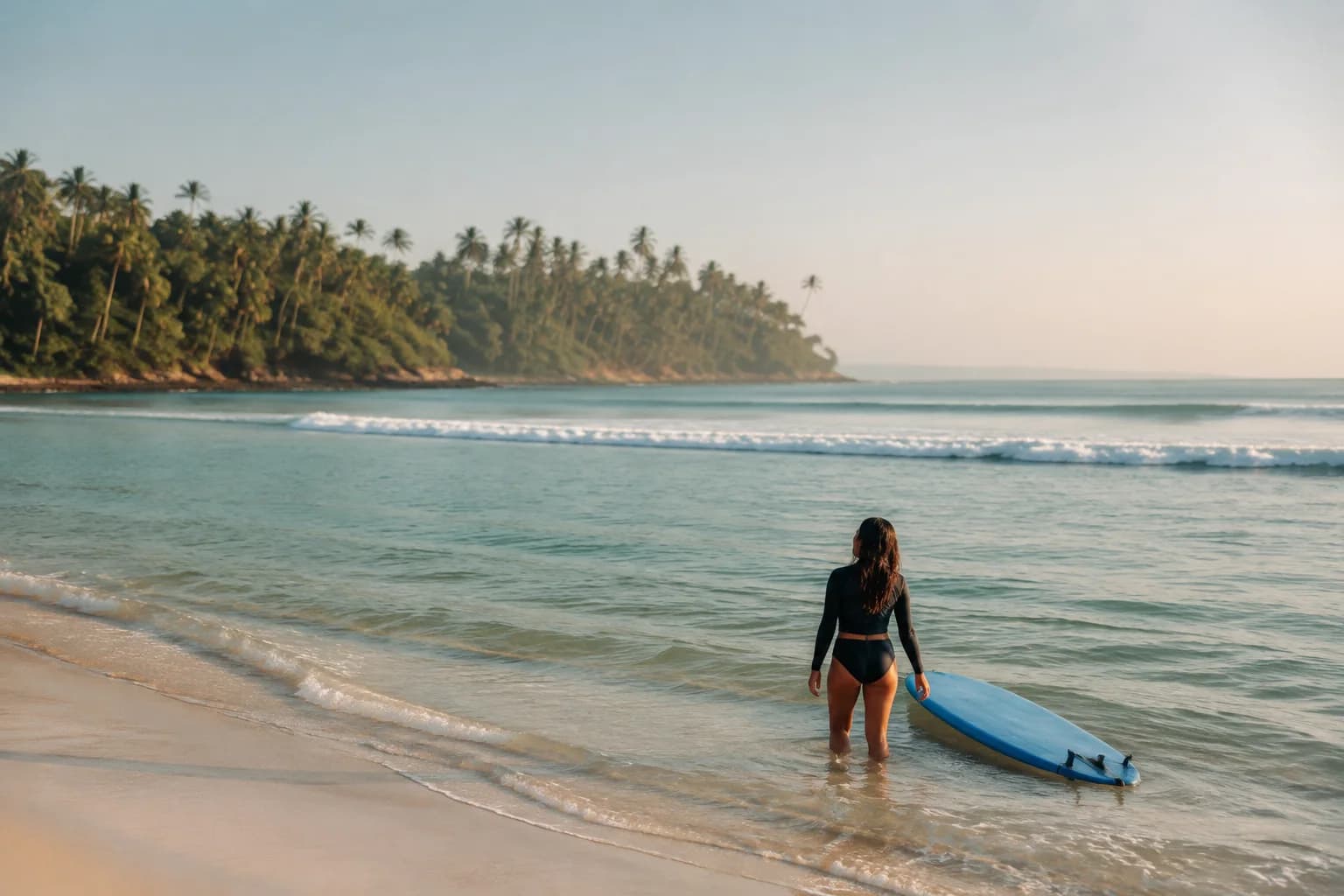 A beginner beside a softboard at a gentle Indonesian beach break