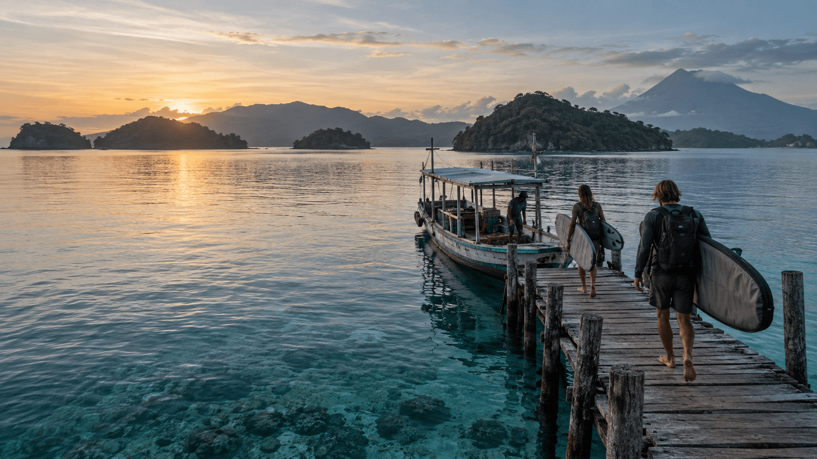 Surfers carrying boards toward a boat at dawn in the Indonesian archipelago