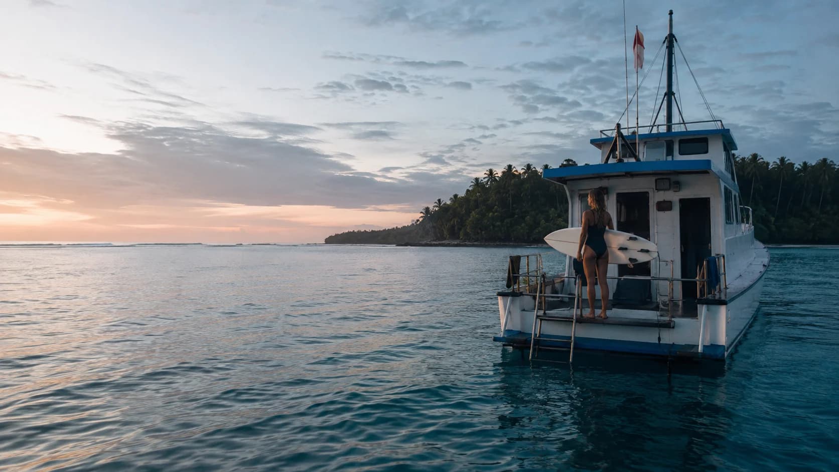 Atmospheric Mentawai surf-travel editorial artwork with remote expedition mood