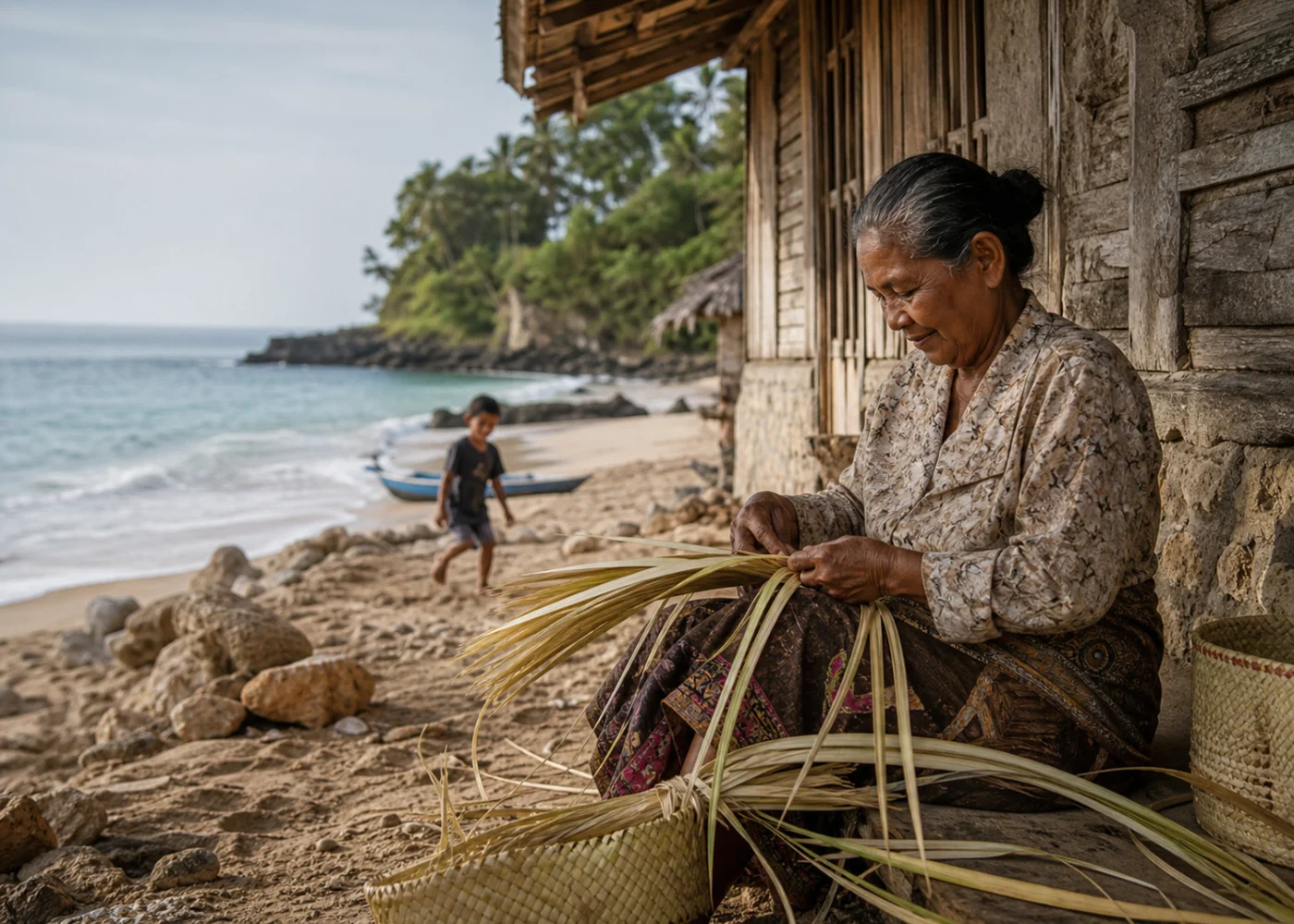 Indonesian coastline and local life near the sea