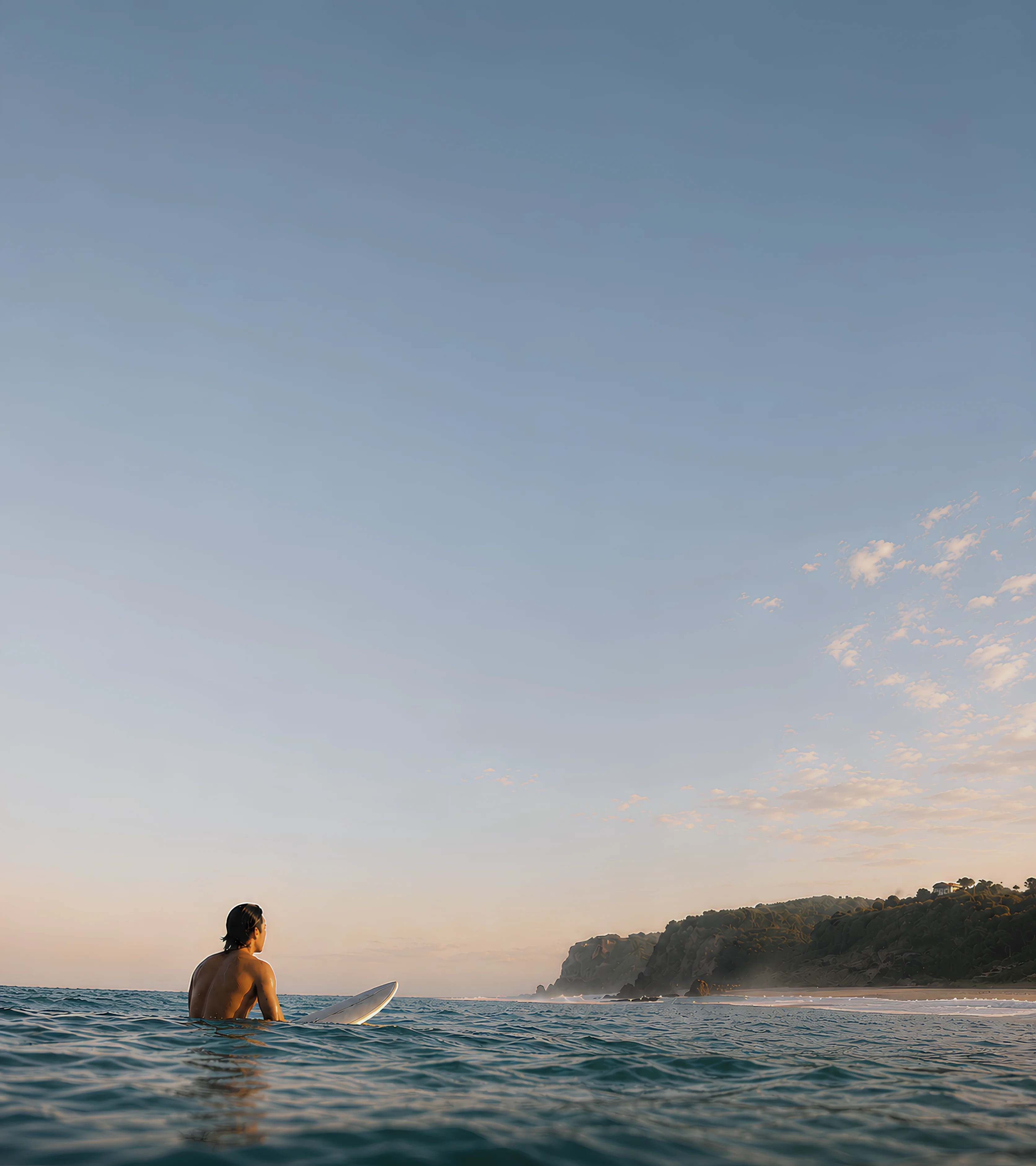 Surfer seated on a board looking toward a tropical coastline at golden hour